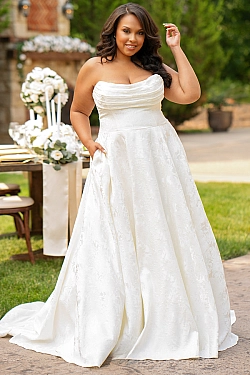 Michelle Bridal MB2601 Olympia Brocade Pleated Pocket Gown | Ruby's Michelle Bridal MB2601 Olympia Brocade Pleated Pocket Gown | Ruby's